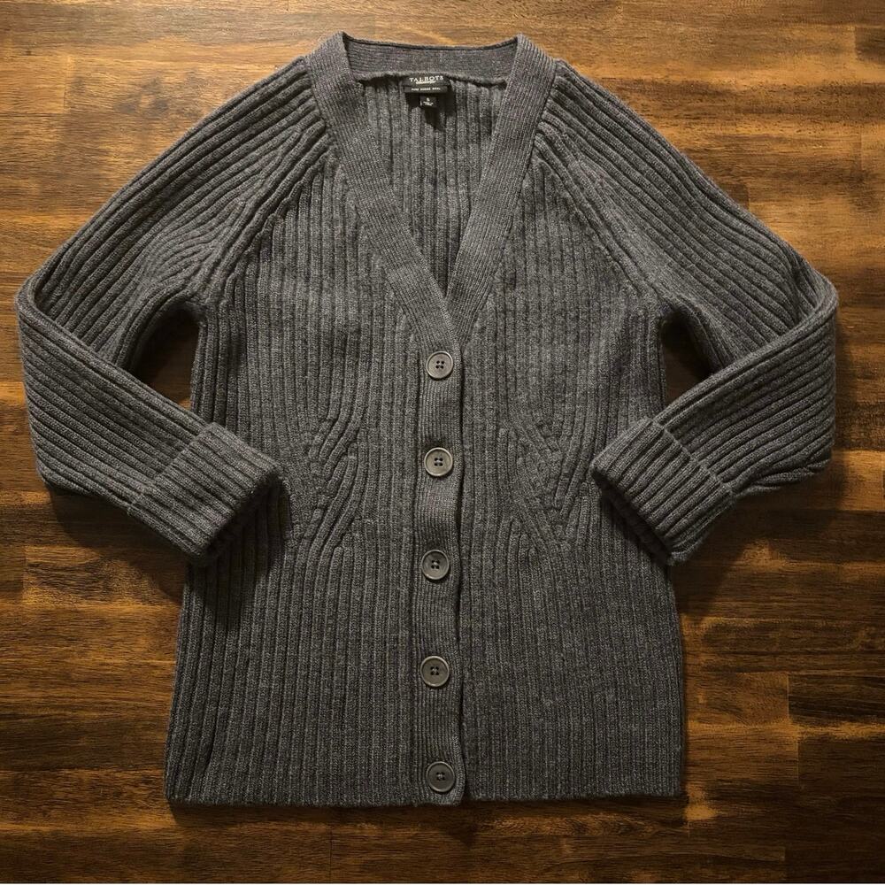 Talbots Women's Small Cardigan Sweater Merino Wool Rib Knit 3/4 Sleeve Button Up